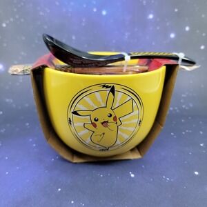 Pokemon Pikachu Yellow Black Ceramic Noodle Ramen Bowl Set with Chopsticks Spoon